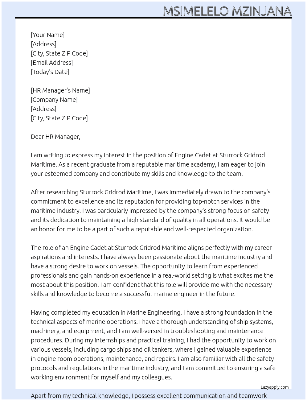 Engine Cadet At Sturrock Gridrod Maritime Cover Letter