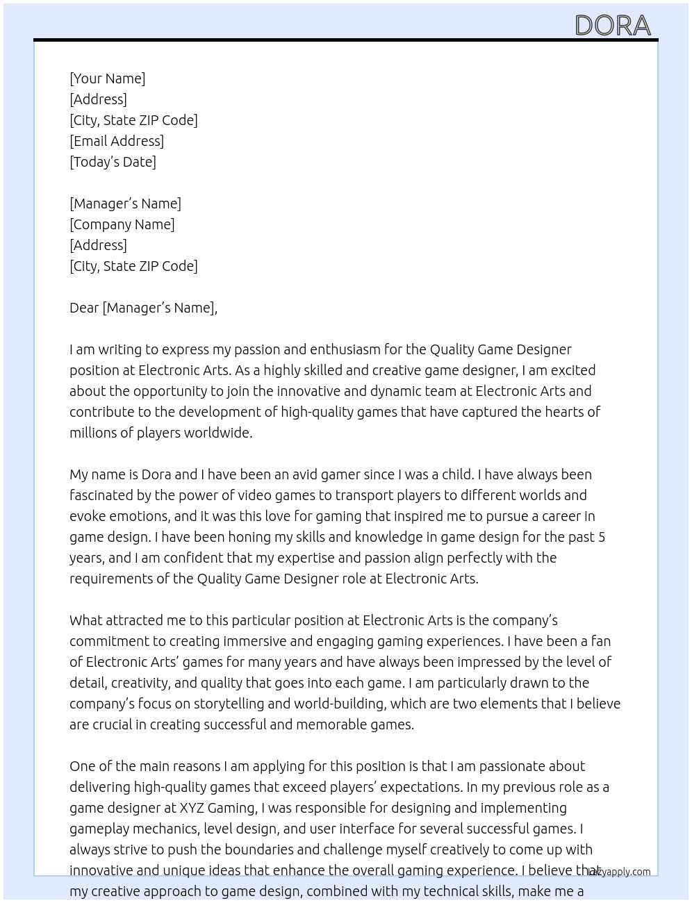 Quality Game Designer At Electronic Arts Cover Letter