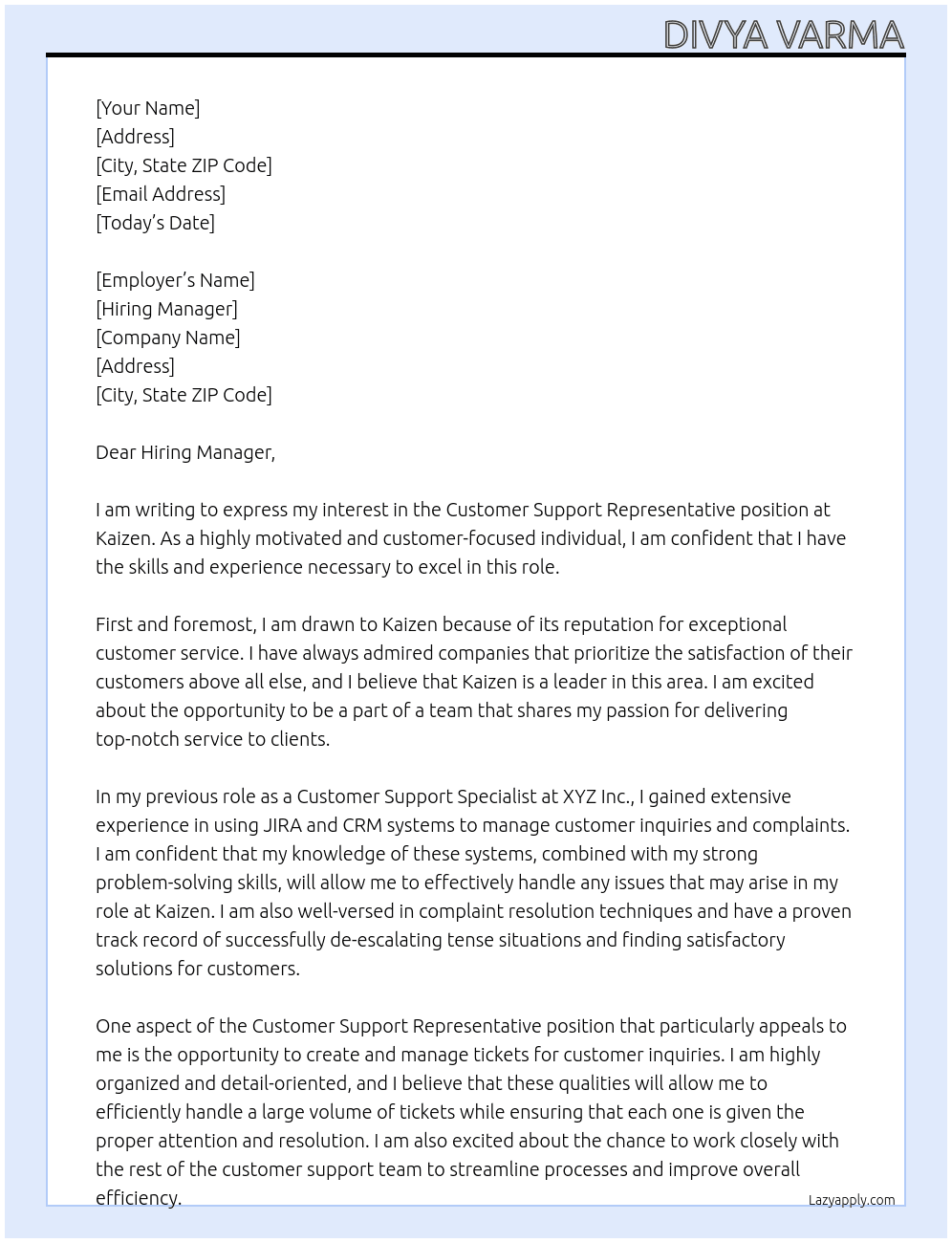 Customer Support Representative At Kaizen Cover Letter