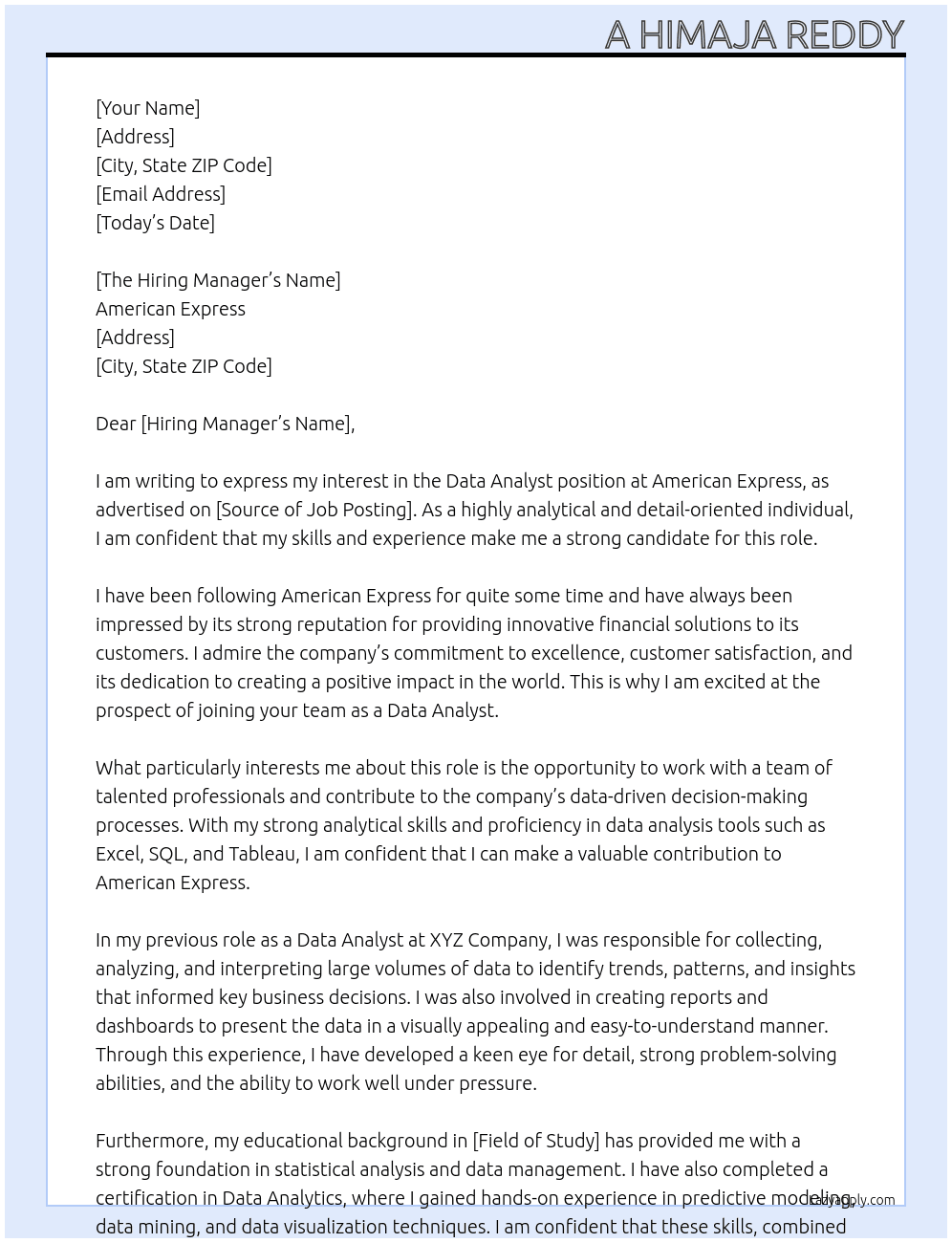 Data Anylist At American Express Cover Letter