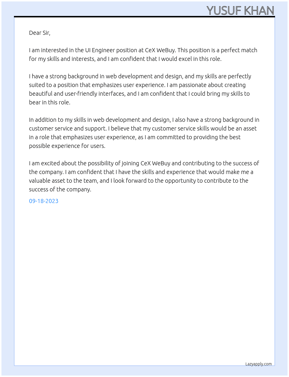 UI Engineer At CeX WeBuy Cover Letter