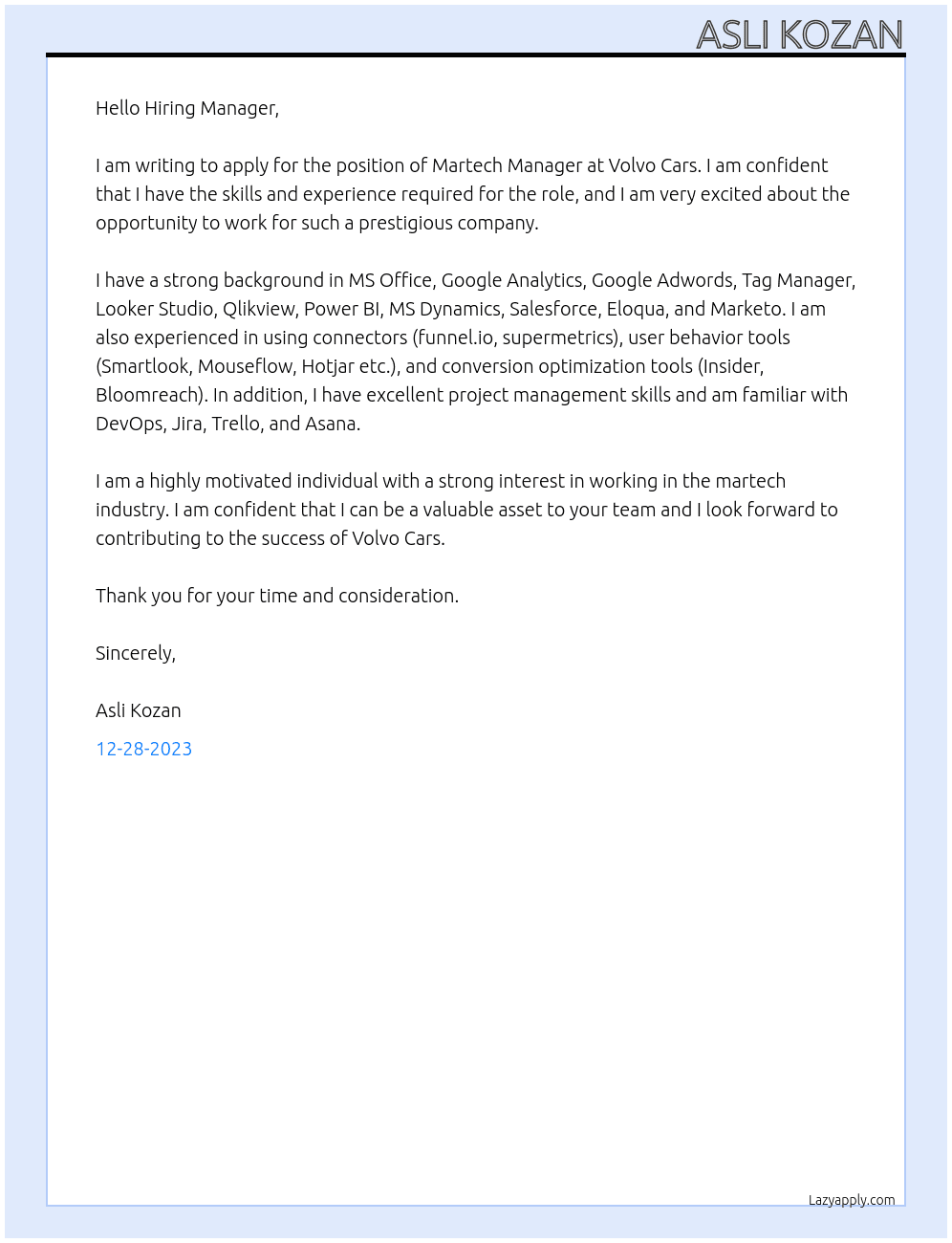 Martech Manager At Volvo Cars Cover Letter