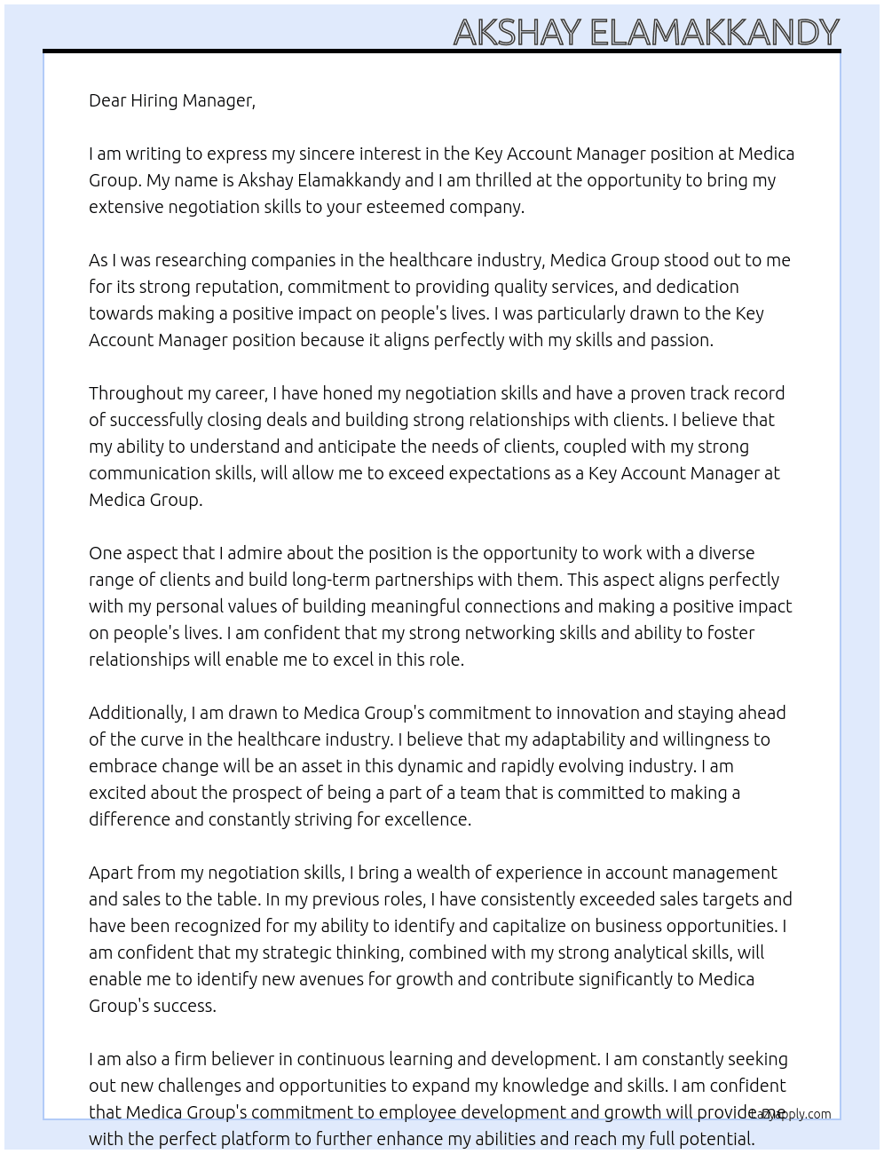 Key Account Manager At Medica Group Cover Letter