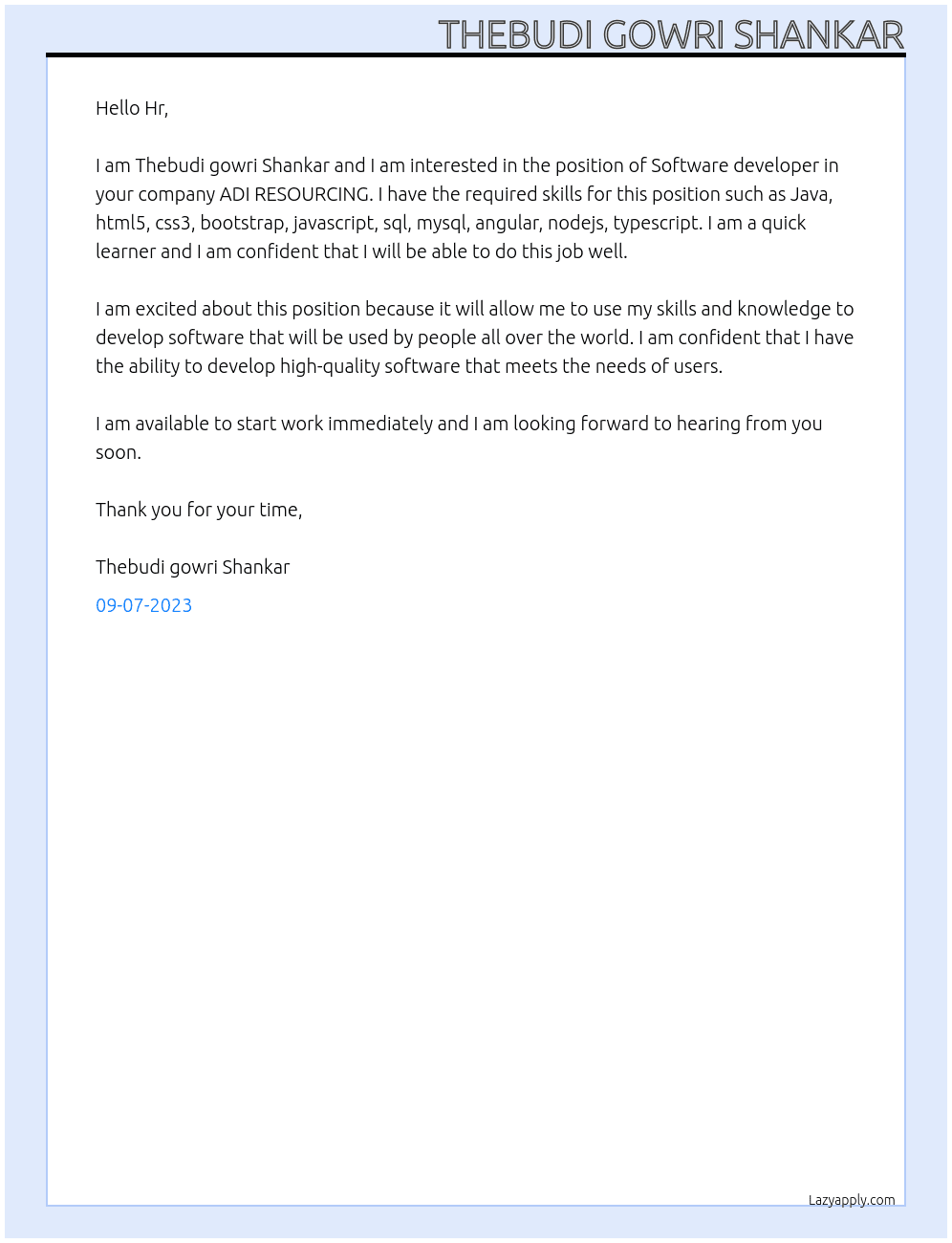 Software developer At ADI RESOURCING Cover Letter