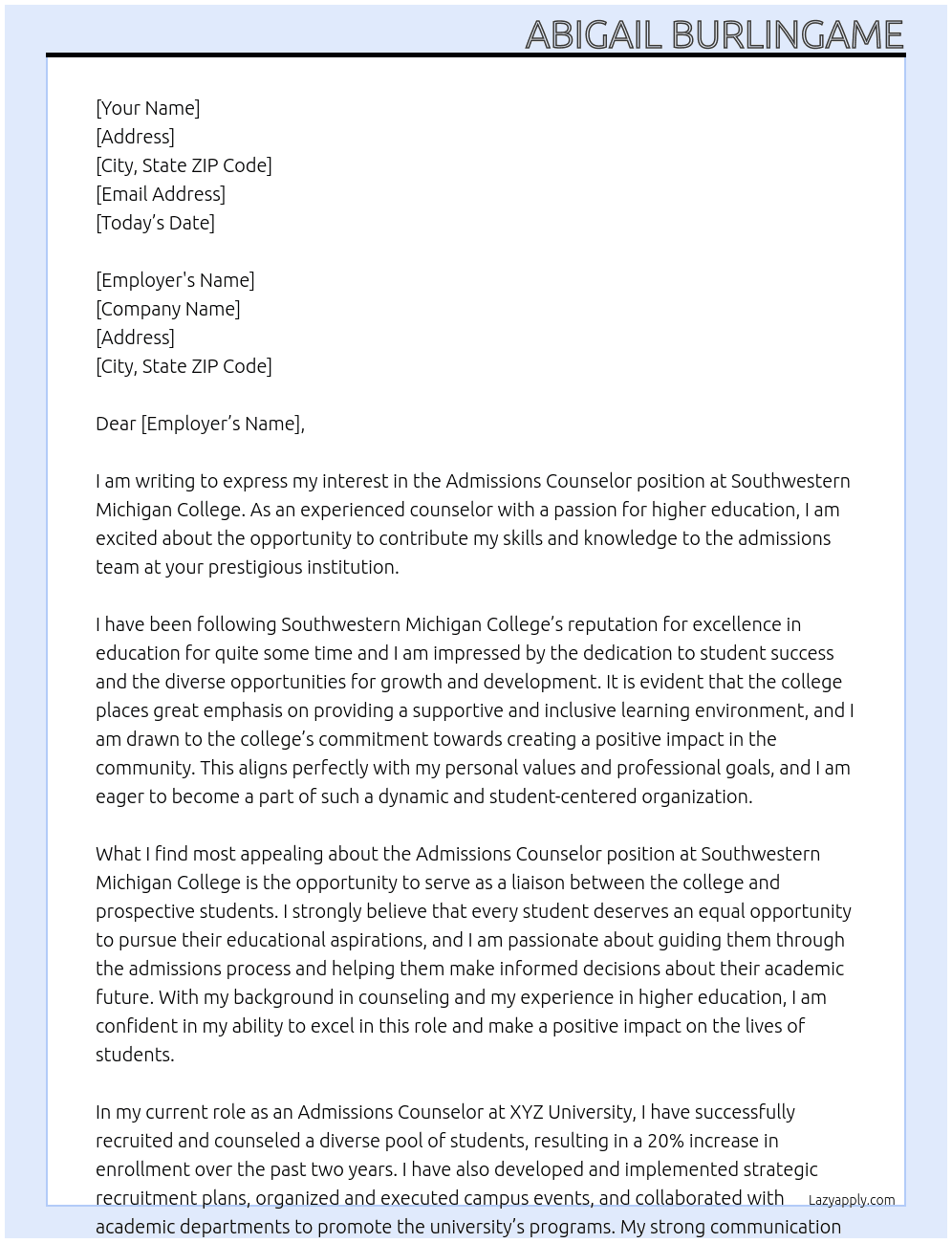 Admissions Counselor At Southwestern Michigan College Cover Letter