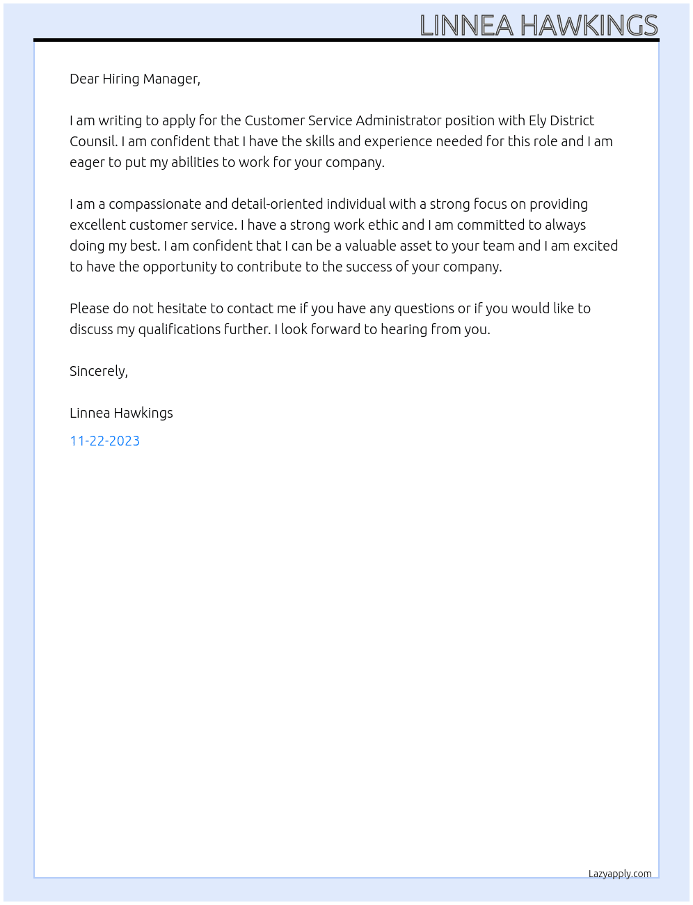 Customer service administrator At Ely District Counsil Cover Letter