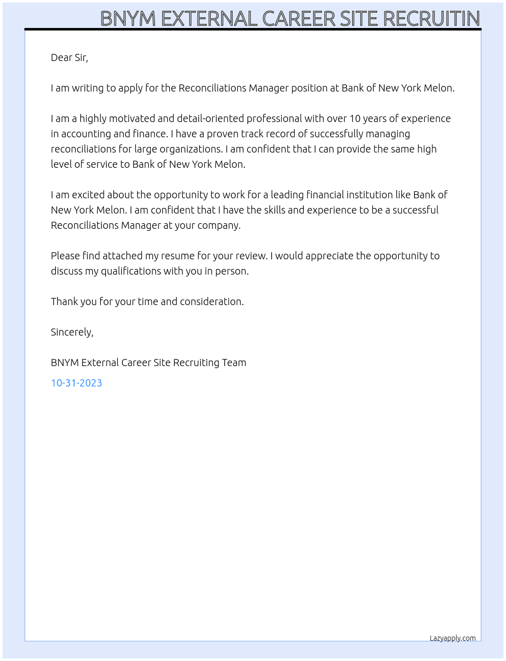 Reconciliations Manager At Bank of New York Melon Cover Letter