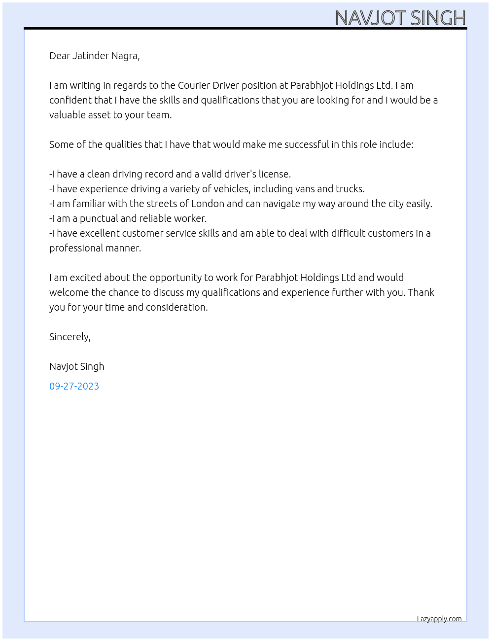 Courier drive  At Parabhjot holding Ltd Cover Letter