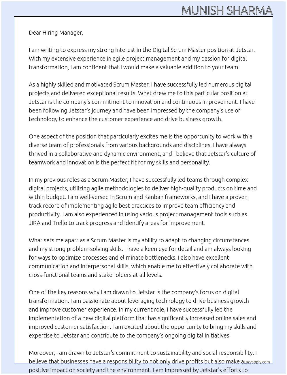 Digital Scrum Master At Jetstar Cover Letter