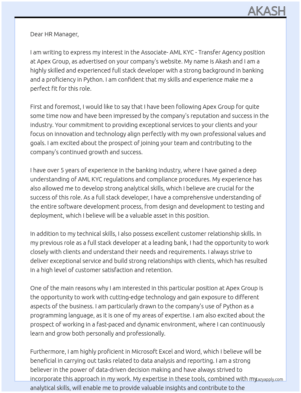Associate- AML KYC -Transfer Agency At Apex Group  Cover Letter