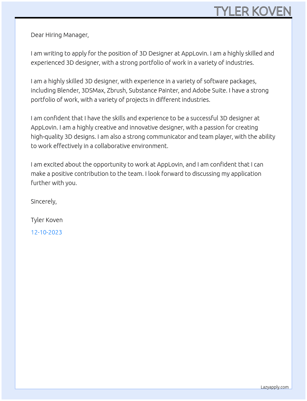 3D Designer At AppLovin Cover Letter