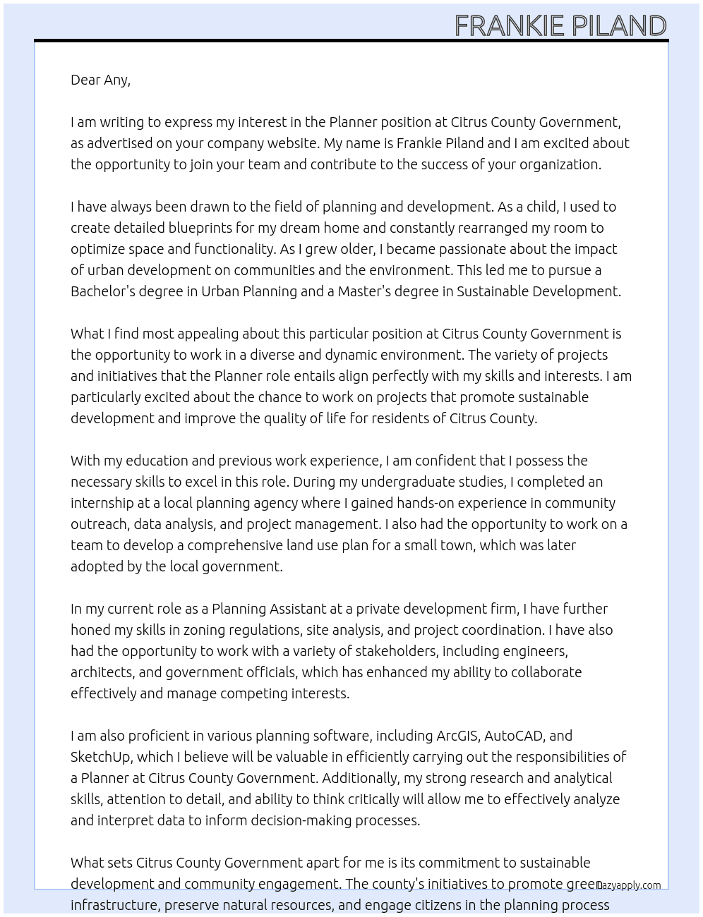 Planner At Citrus County Government Cover Letter