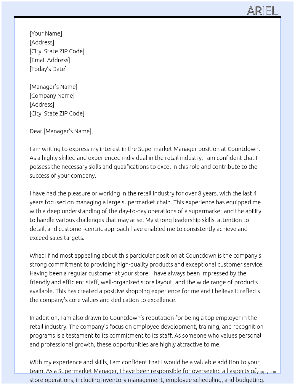 supermarket manager At Countdown Cover Letter