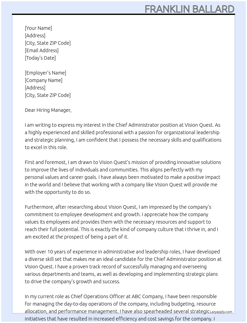 Chief Administrator  At Vision Qquest Cover Letter