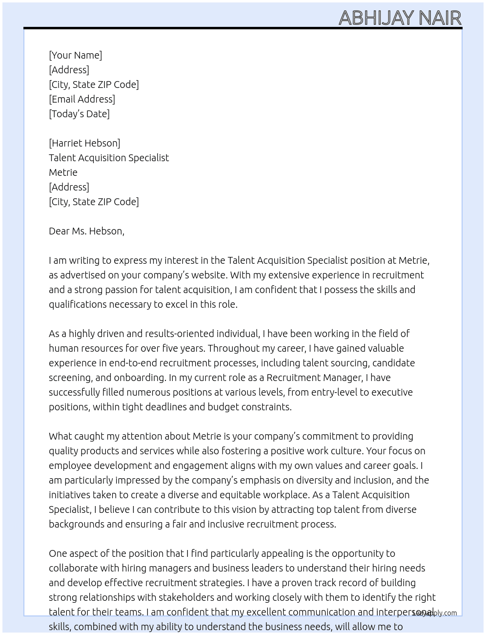 Talent Acquisition Specialist At Metrie Cover Letter