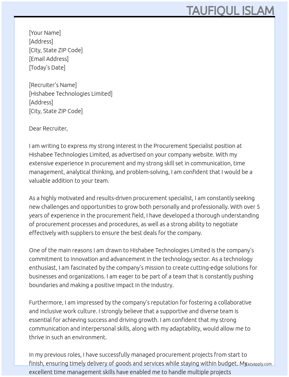  Procurement Specialist At Hishabee Technologies Limited Cover Letter