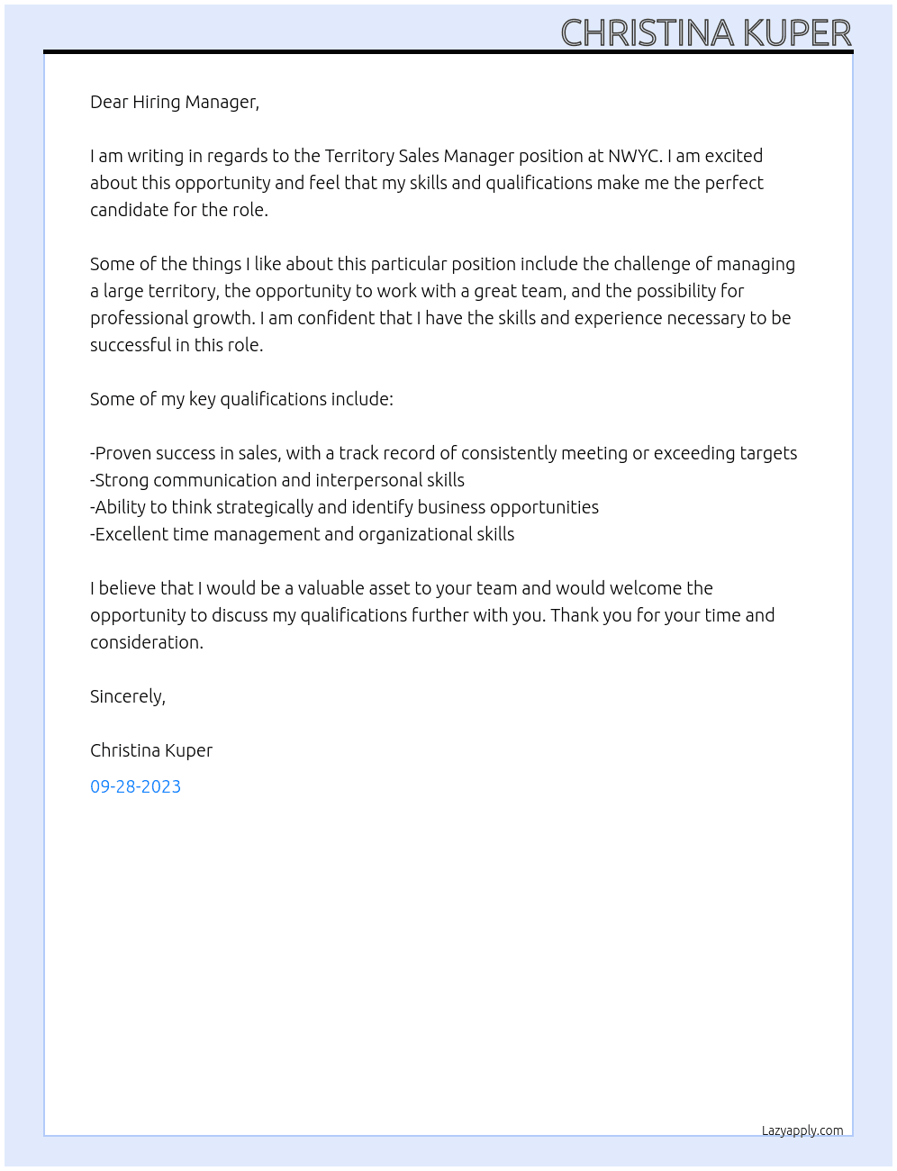 Territory Sales Manager At NWYC Cover Letter