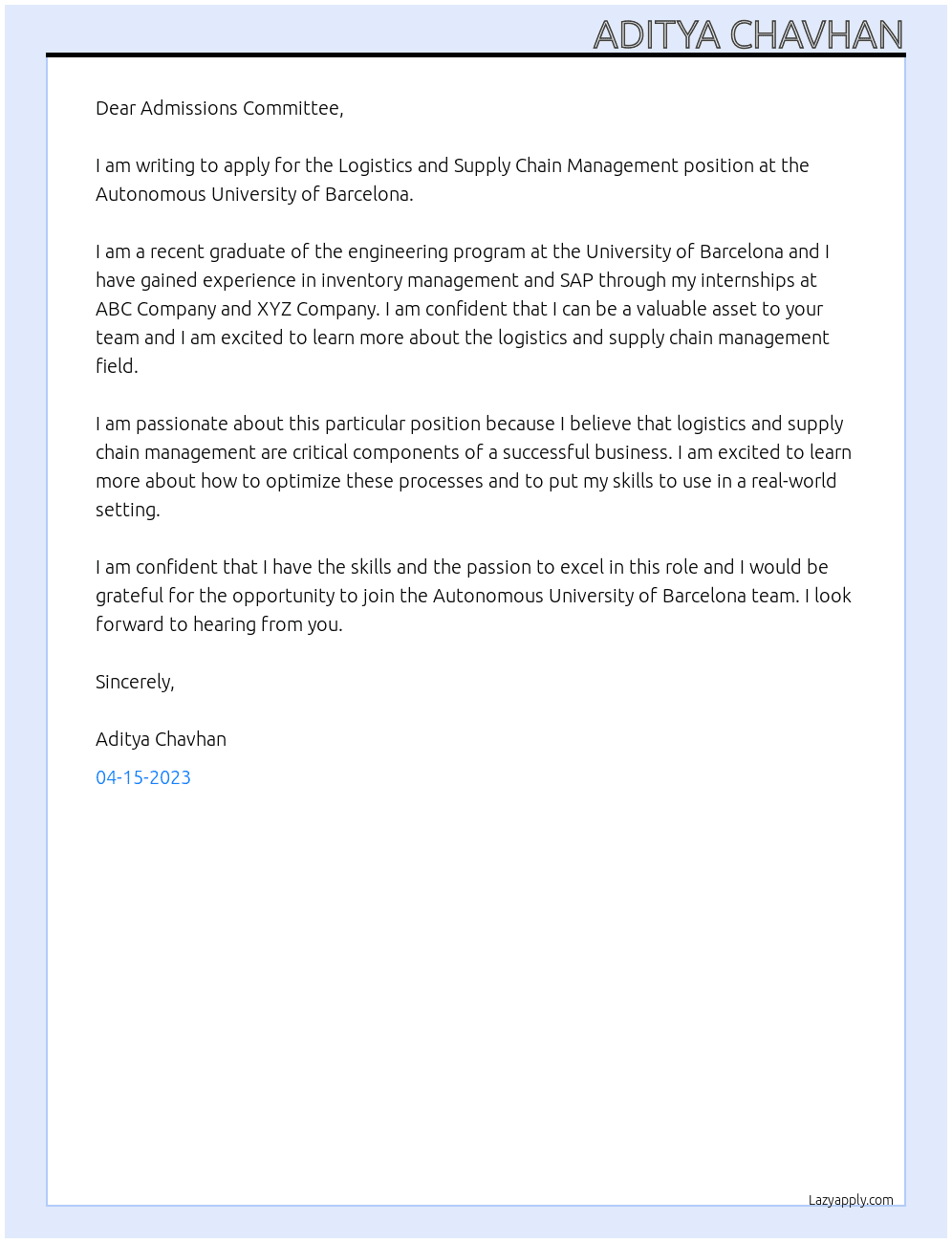 Logistics and Supply Chain Management  At Autonomous University of Barcelona. Cover Letter