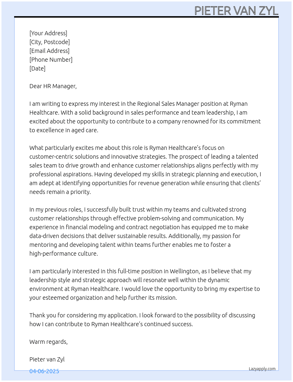 Regional Sales Manager At Ryman Healthcare Cover Letter