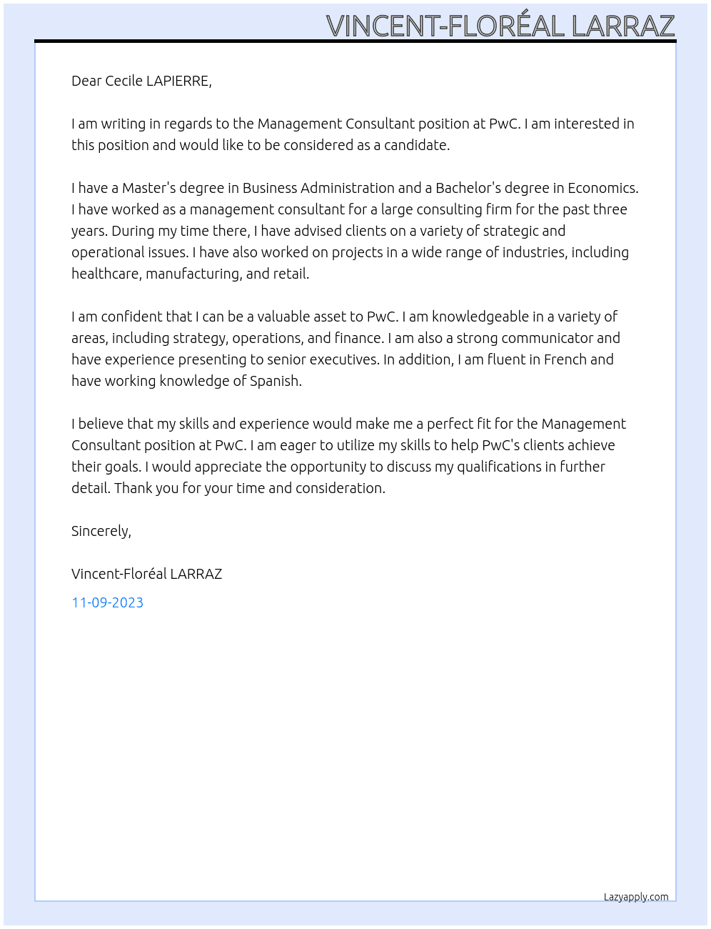 Management Consultant At PwC Cover Letter