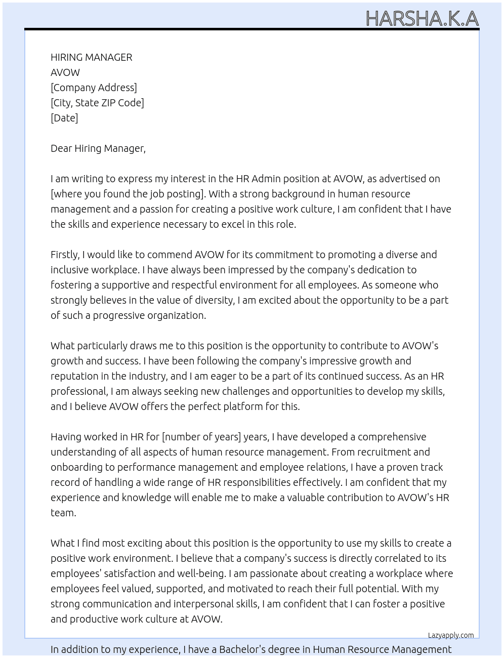HR ADMIN  At AVOW Cover Letter
