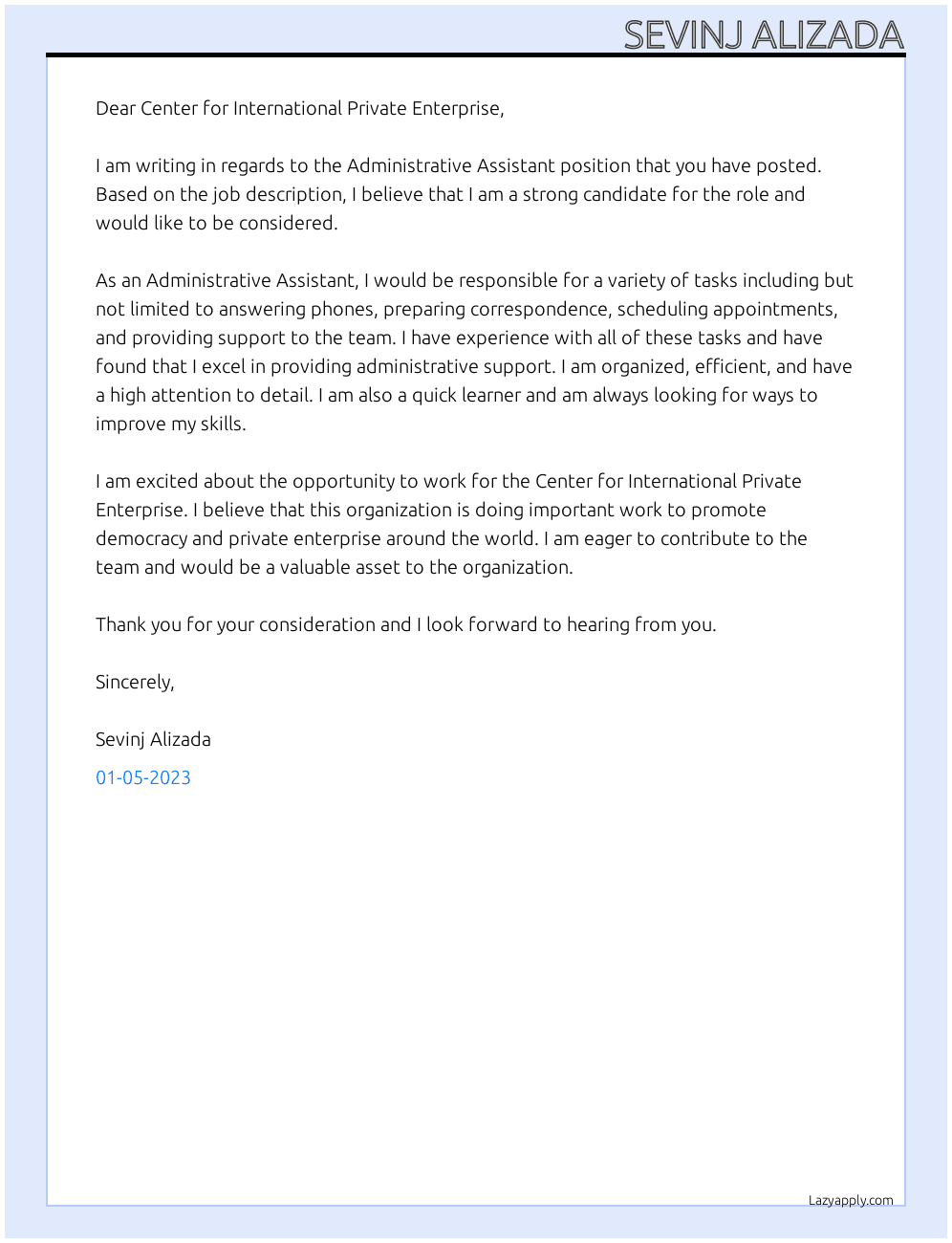 Administrative Assistant  At Center for International Private Enterprise Cover Letter