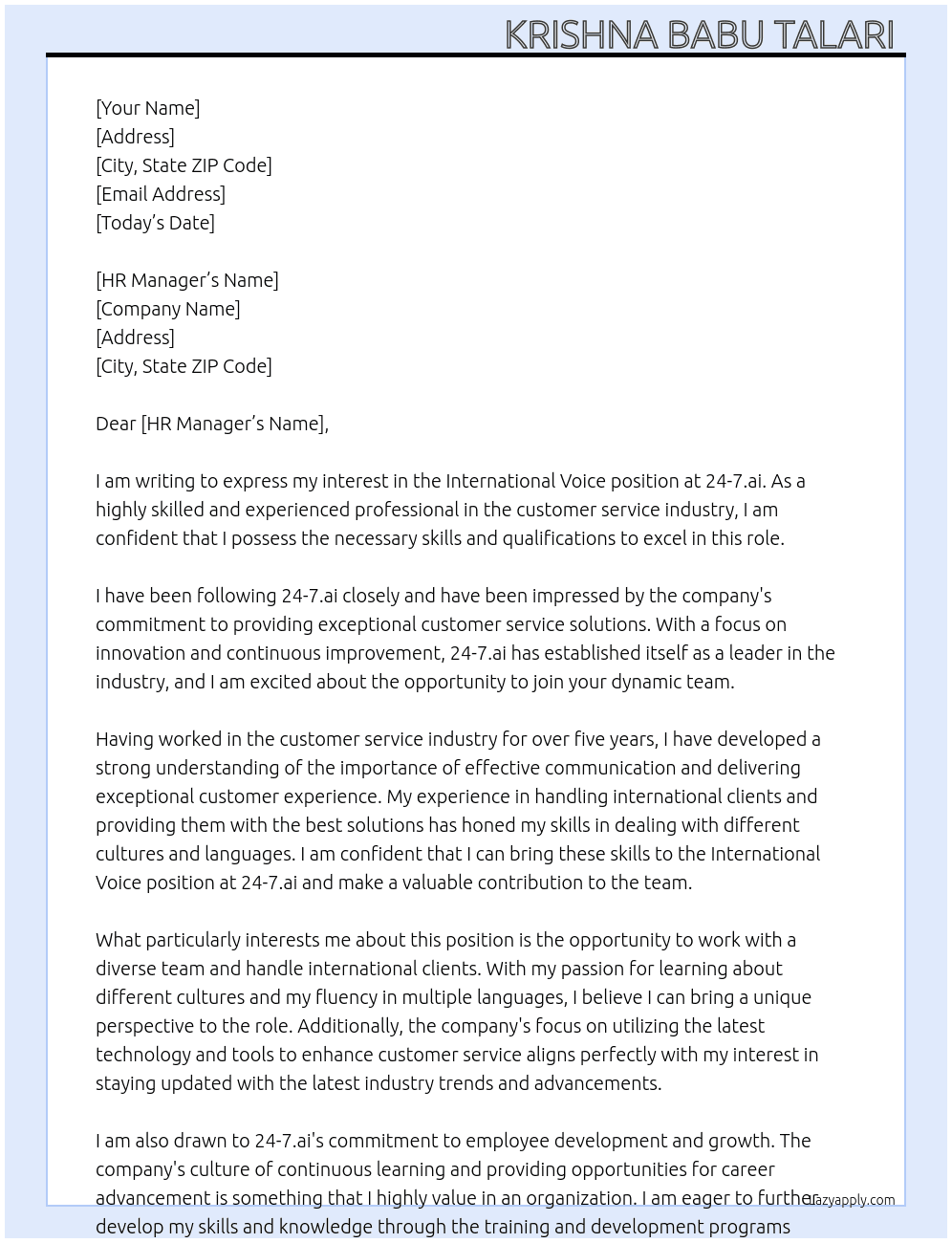 International voice  At 24-7.ai Cover Letter