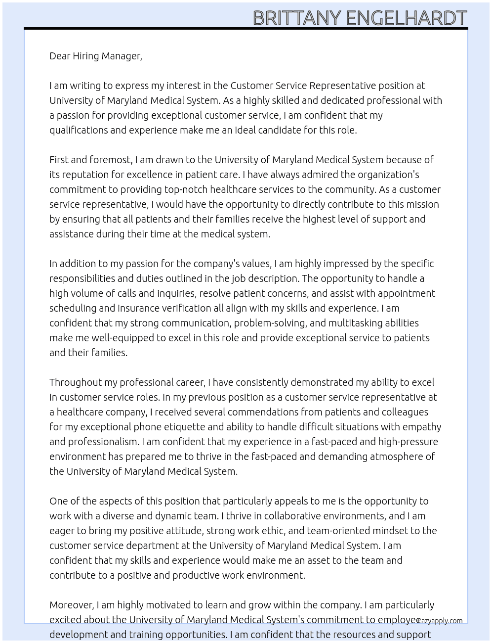 customer service representative At University of Maryland Medical System Cover Letter