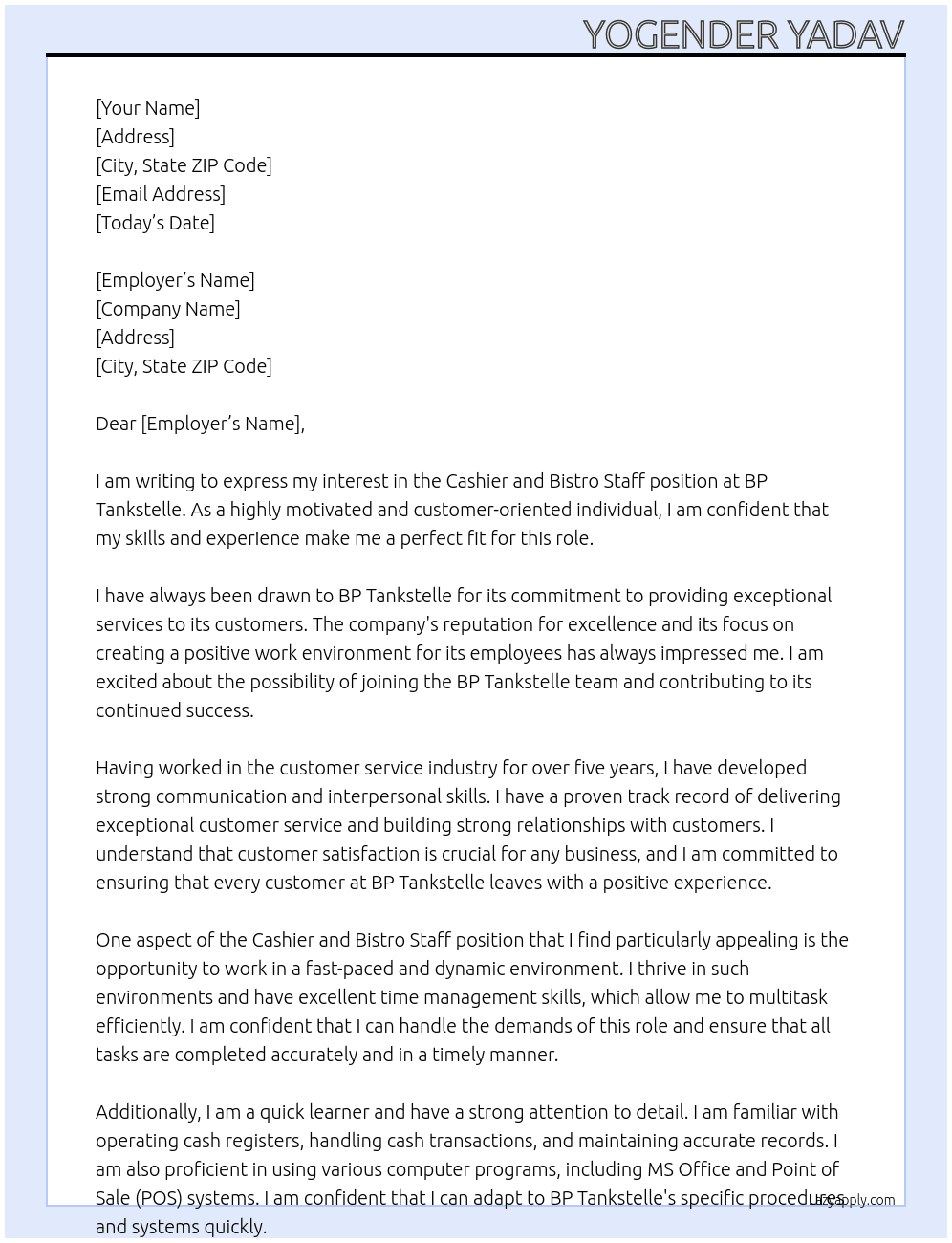 Cashier and bistro staff At BP Tankstelle Cover Letter