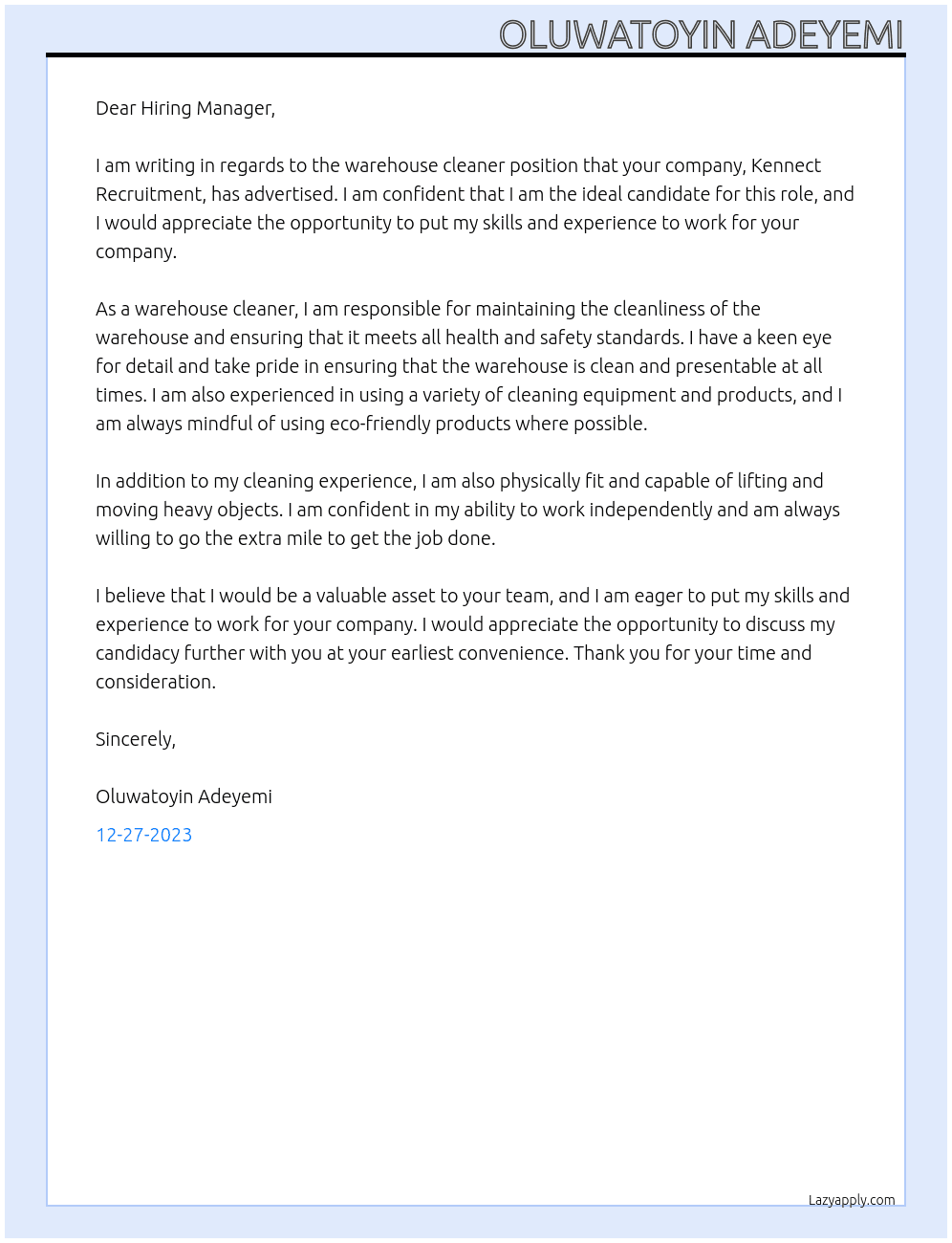 warehouse cleaner At Kennect Recruitment Cover Letter