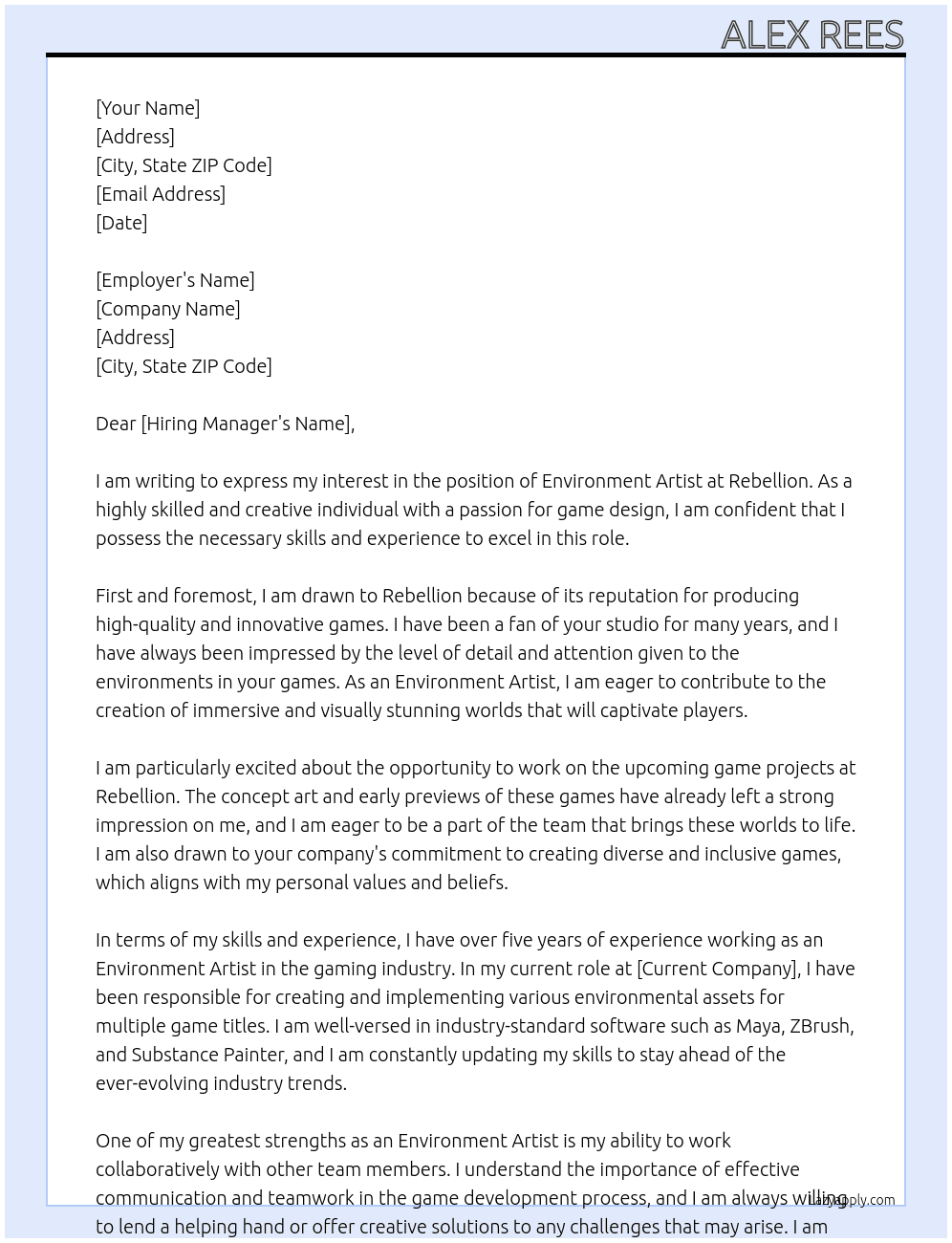 environment artist  At Rebellion Cover Letter