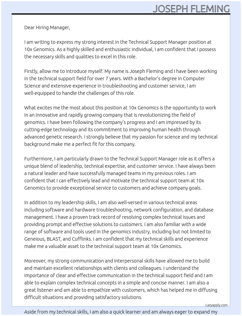 Technical Support Manager At 10x Genomics Cover Letter