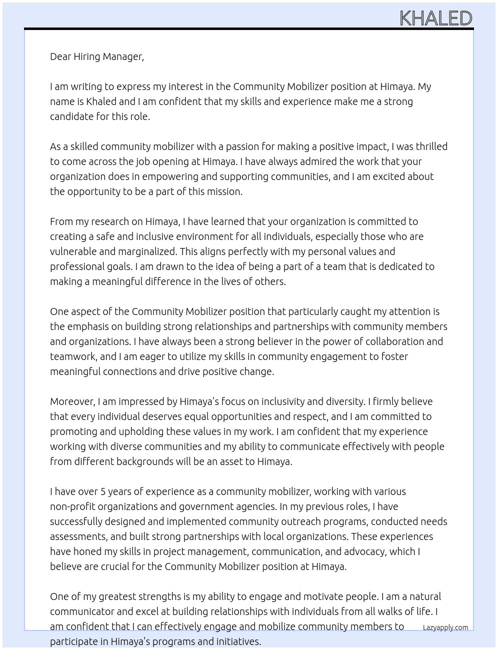 Community Mobilizer At Himaya Cover Letter