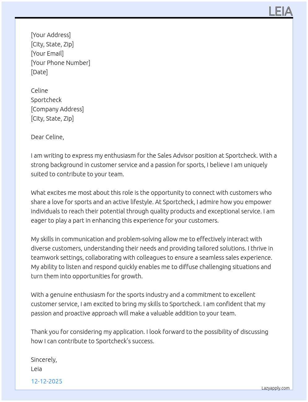 sales advisor At sportcheck Cover Letter