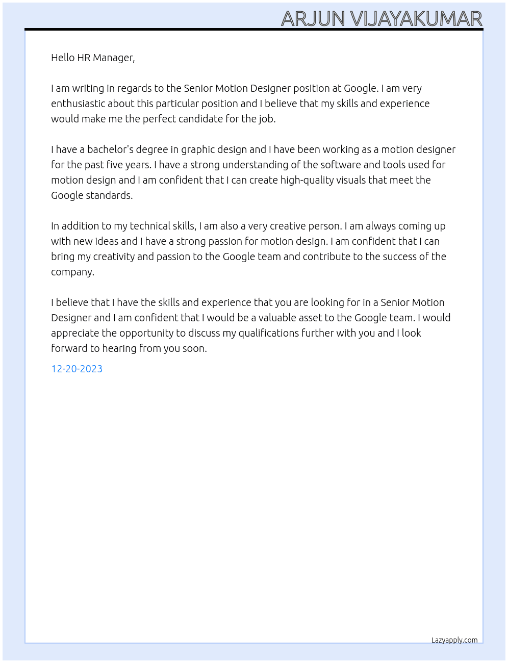 Senior Motion Designer At Google Cover Letter