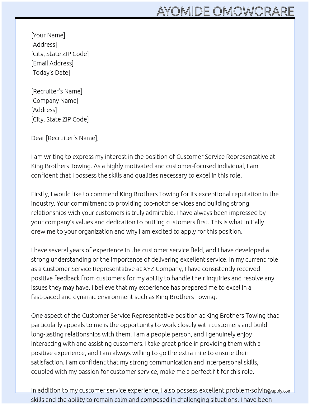 Customer Service Representative  At King Brothers Towing Cover Letter
