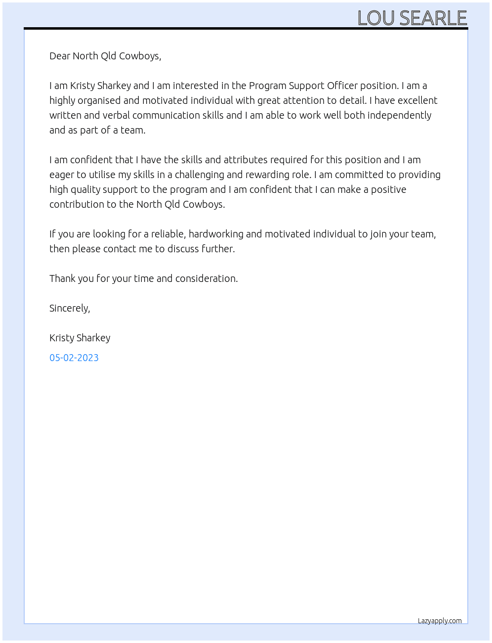 Program Support Officer At North Qld Cowboys Cover Letter