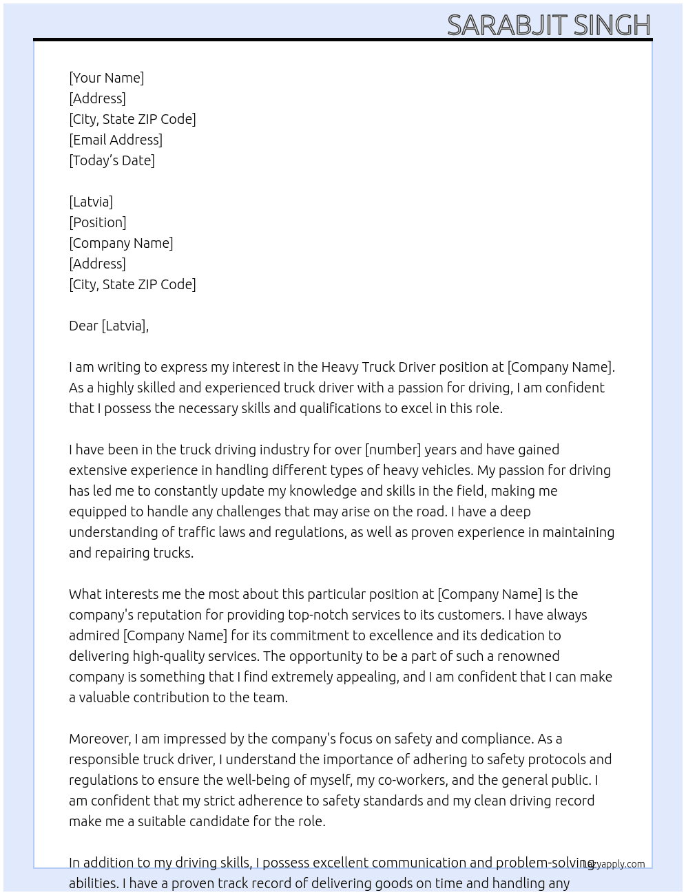 Heavy truck driver  At Sk Cover Letter
