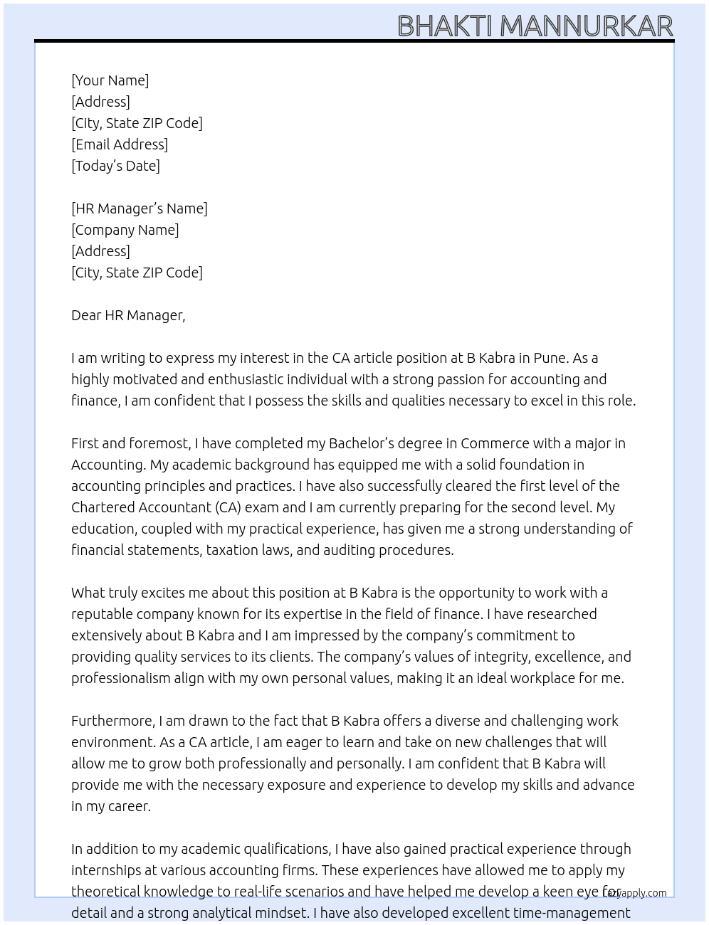CA article At B Kabra Cover Letter