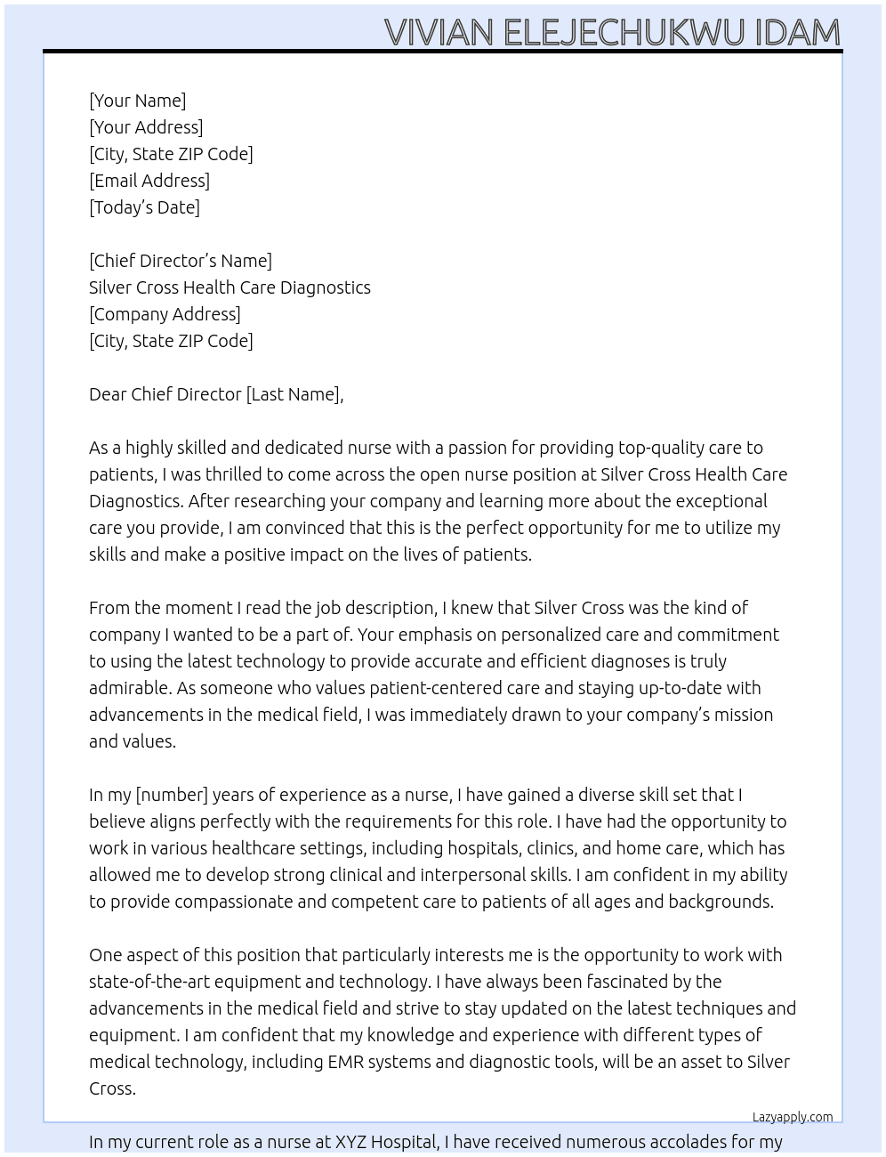 nurse At Sliver  Cross Health Care Diagnostics Cover Letter
