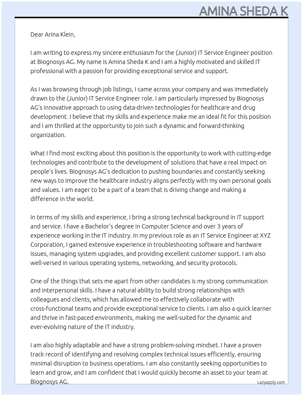 (Junior) IT Service Engineer At Biognosys AG Cover Letter