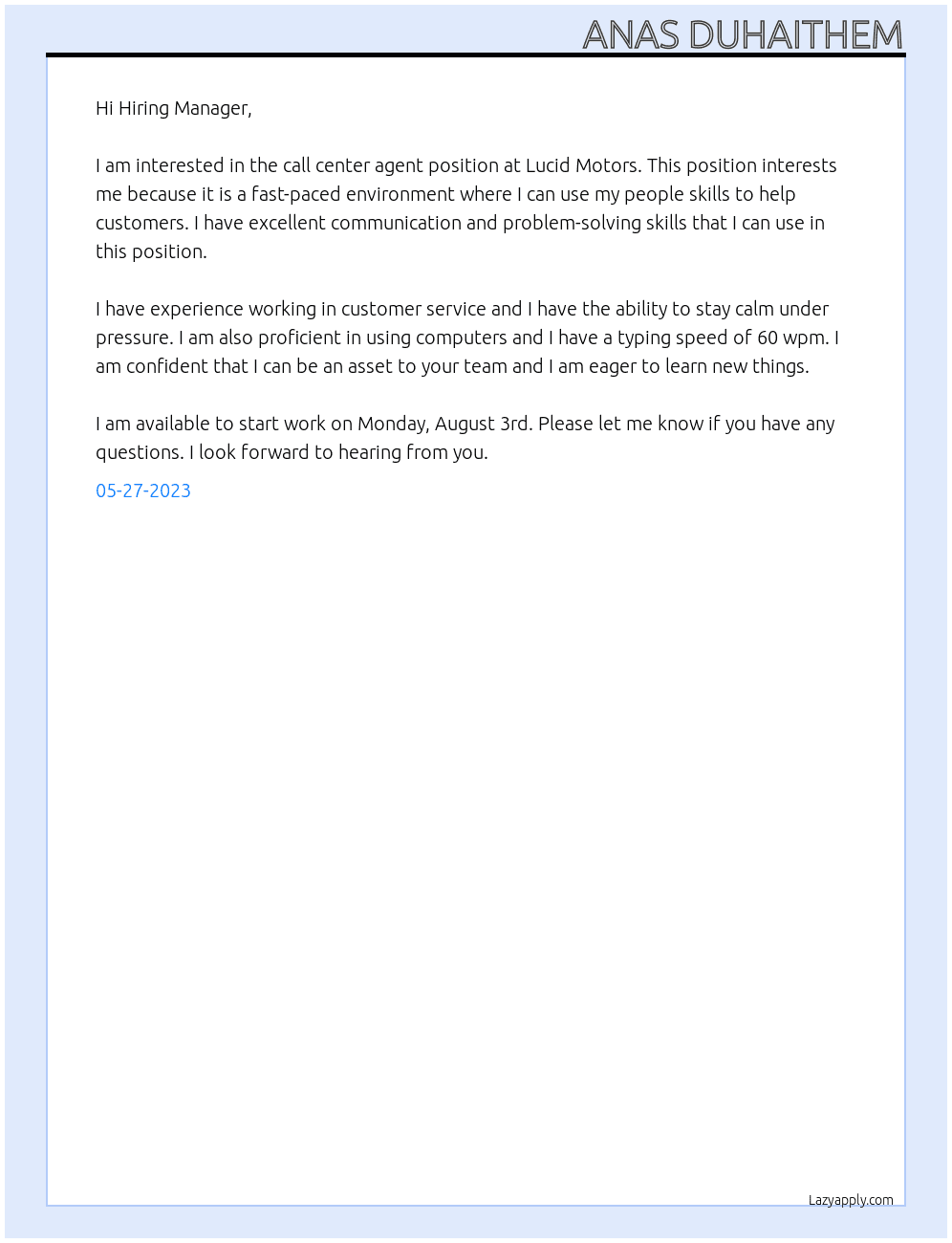 Call center agent At Lucid Motors  Cover Letter