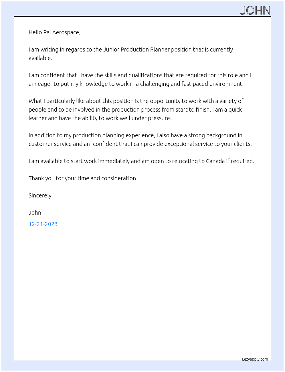 Junior Production Planner At pal aerospace Cover Letter