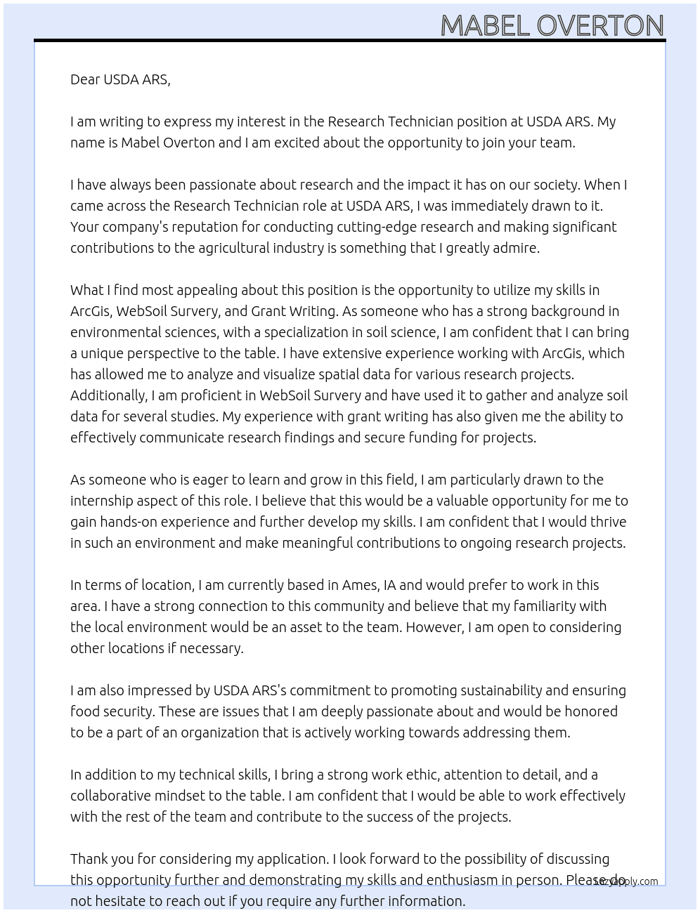 Research Technician At USDA ARS Cover Letter