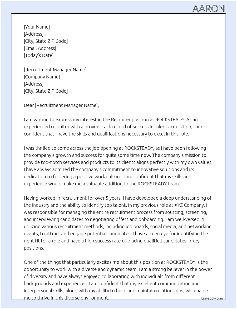 Recruitor At ROCKSTEADY Cover Letter