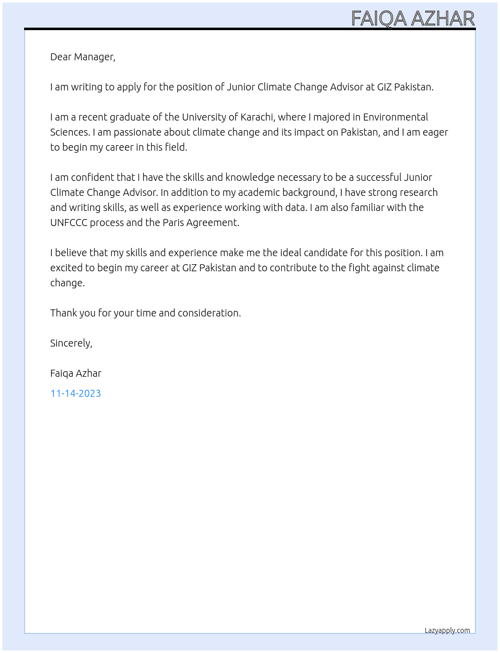 Junior Climate Change Advisor At GIZ Pakistan Cover Letter