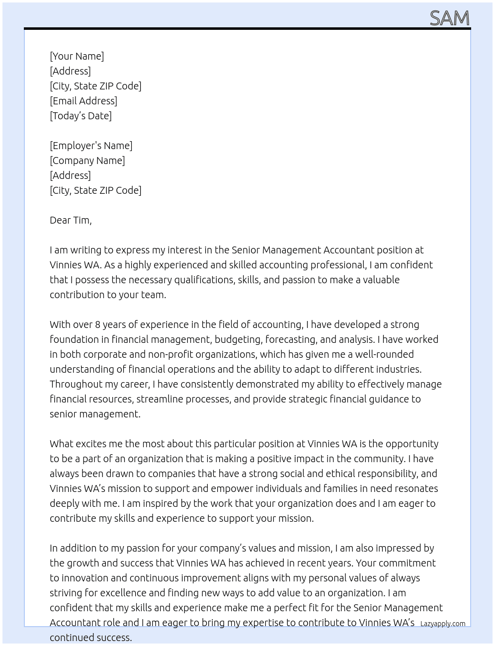 Senior Management Accountant At Vinnies WA Cover Letter
