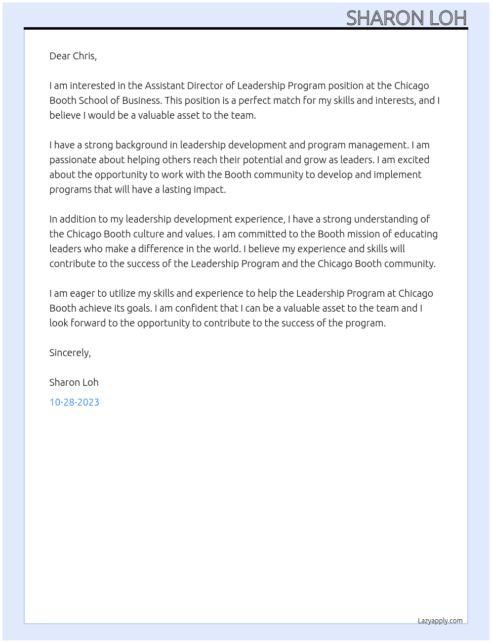 Assistant Director of Leadership Program At Chicago Booth School of Business Cover Letter