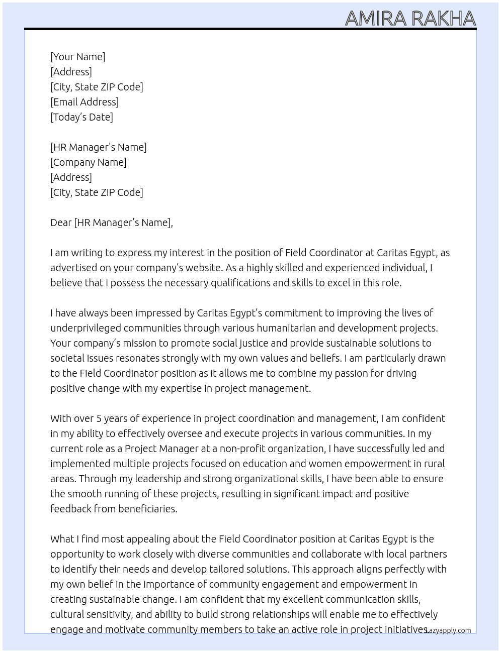 field coordinator  At Caritas Egypt  Cover Letter