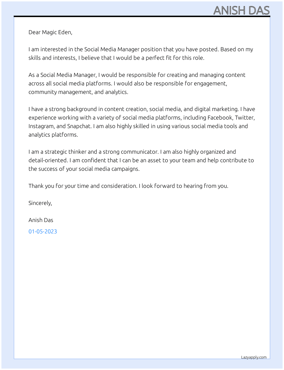 Social Media Manager At Magic Eden Cover Letter